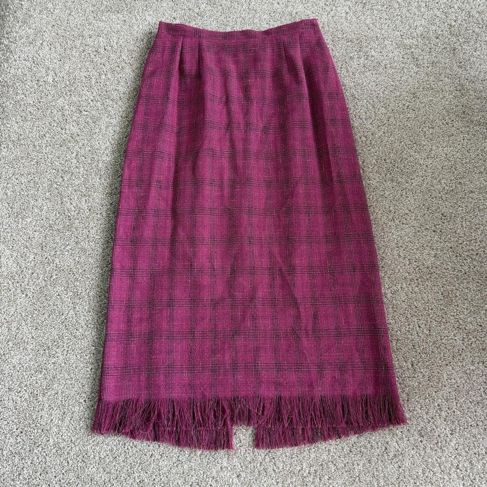 Prophecy Skirt Womens 10P Pink Plaid Tweed Pencil Long Fringe Hem Workwear